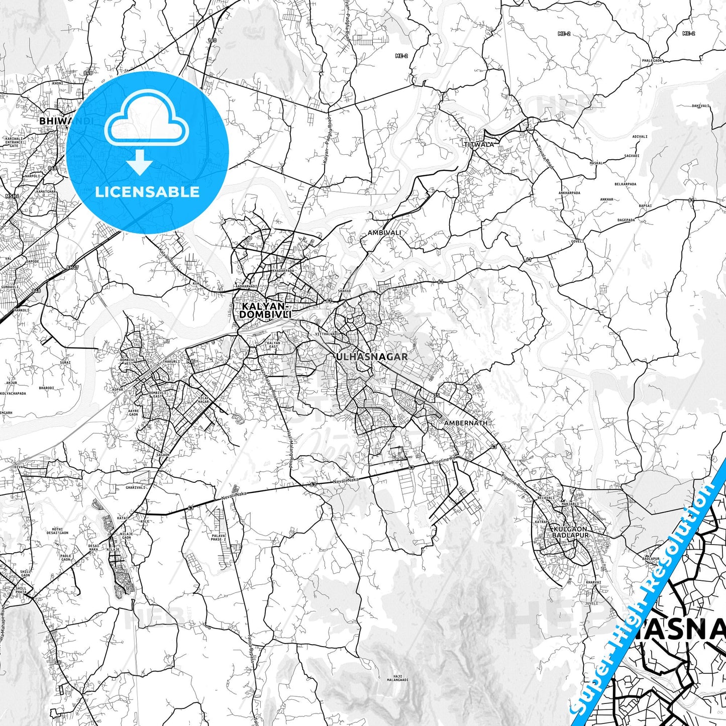Ulhasnagar, India light map with streetnames, citynames and districts