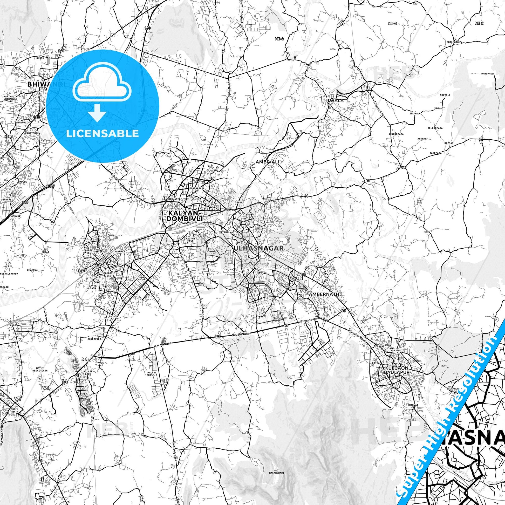 Ulhasnagar, India light map with streetnames, citynames and districts