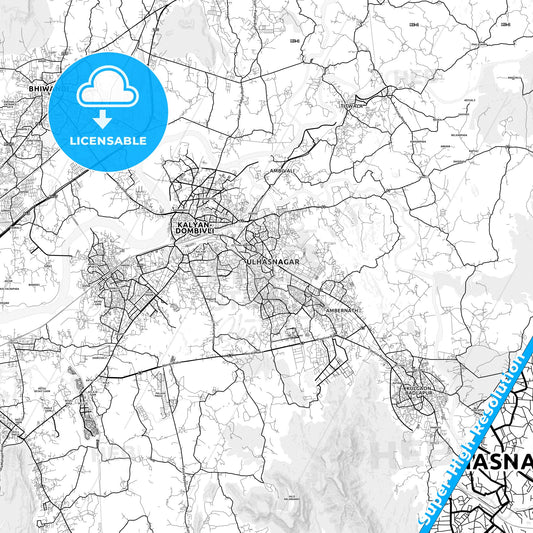 Ulhasnagar, India light map with streetnames, citynames and districts