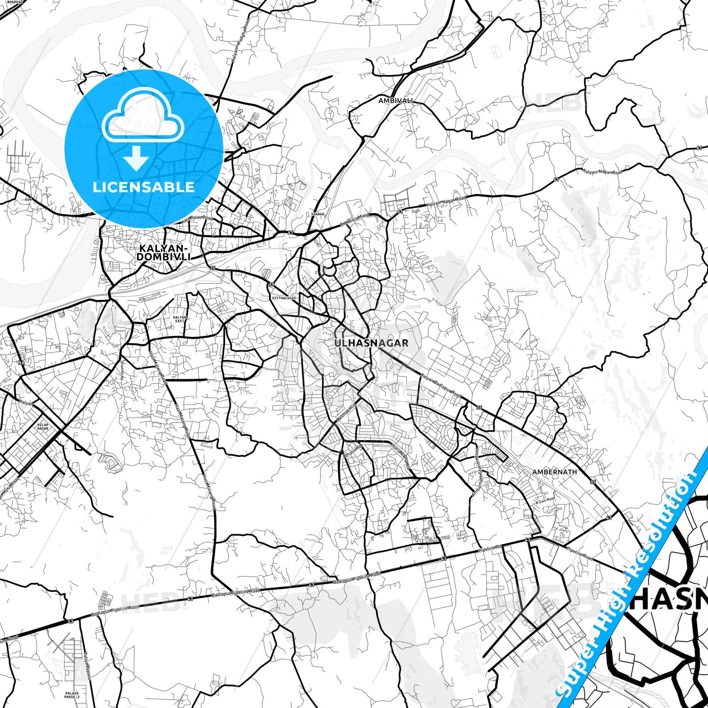 Ulhasnagar, India Light Map with Street Names, City Names, and Districts