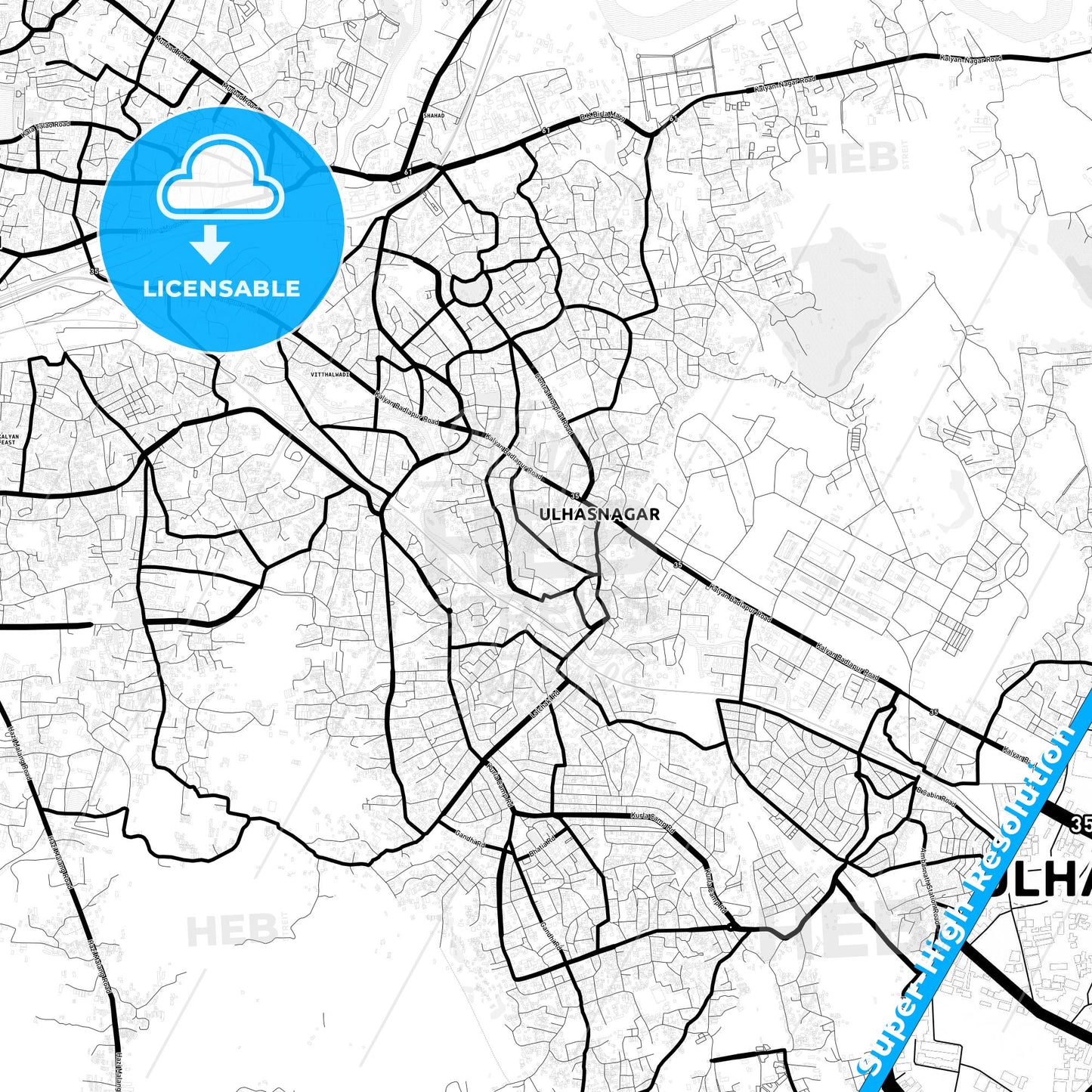 Ulhasnagar, India Light Map with Street Names, City Names, and Districts