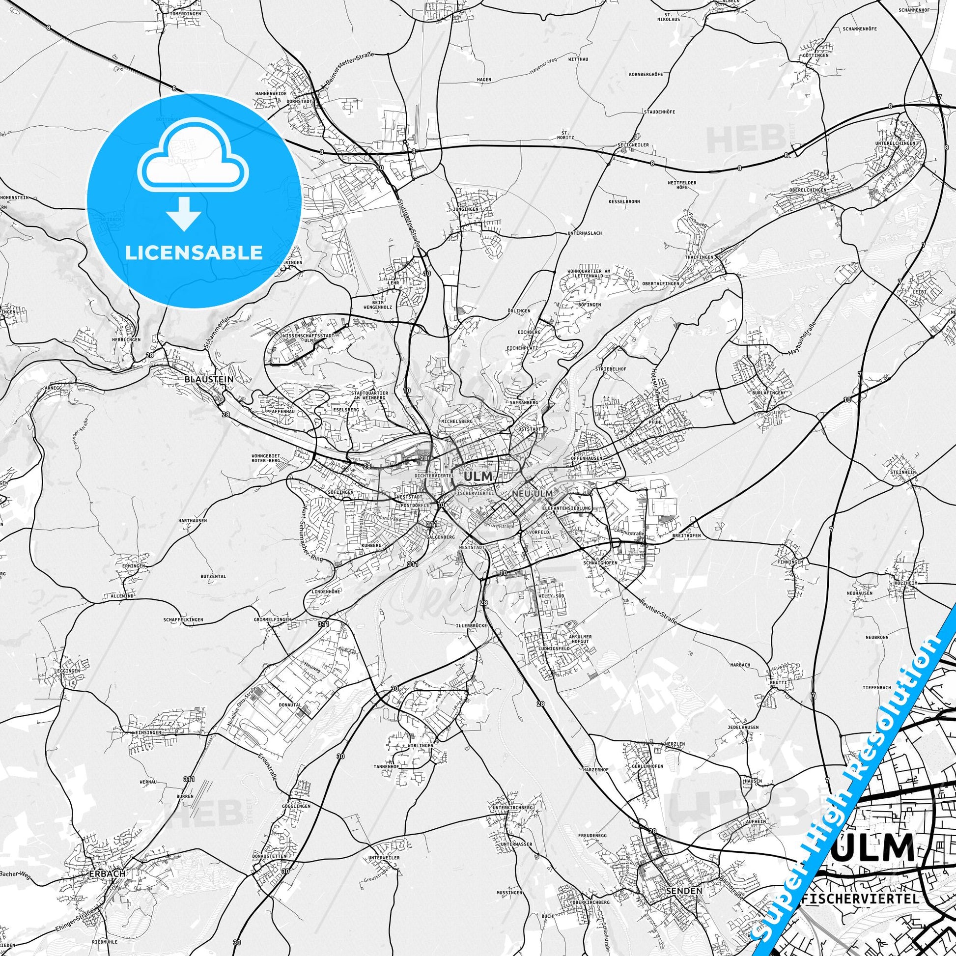 Ulm, Germany light map with streetnames, citynames and districts