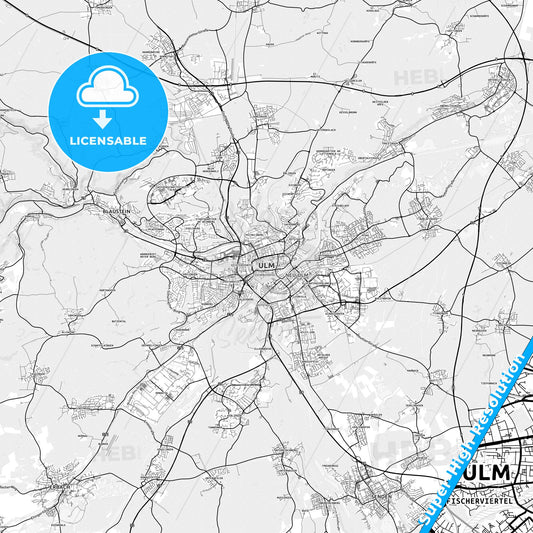 Ulm, Germany light map with streetnames, citynames and districts