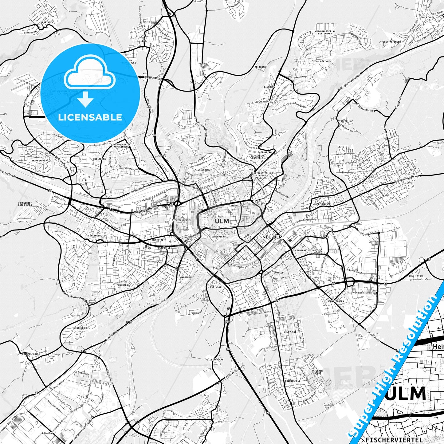 Ulm, Germany Light Map with Street Names, City Names, and Districts