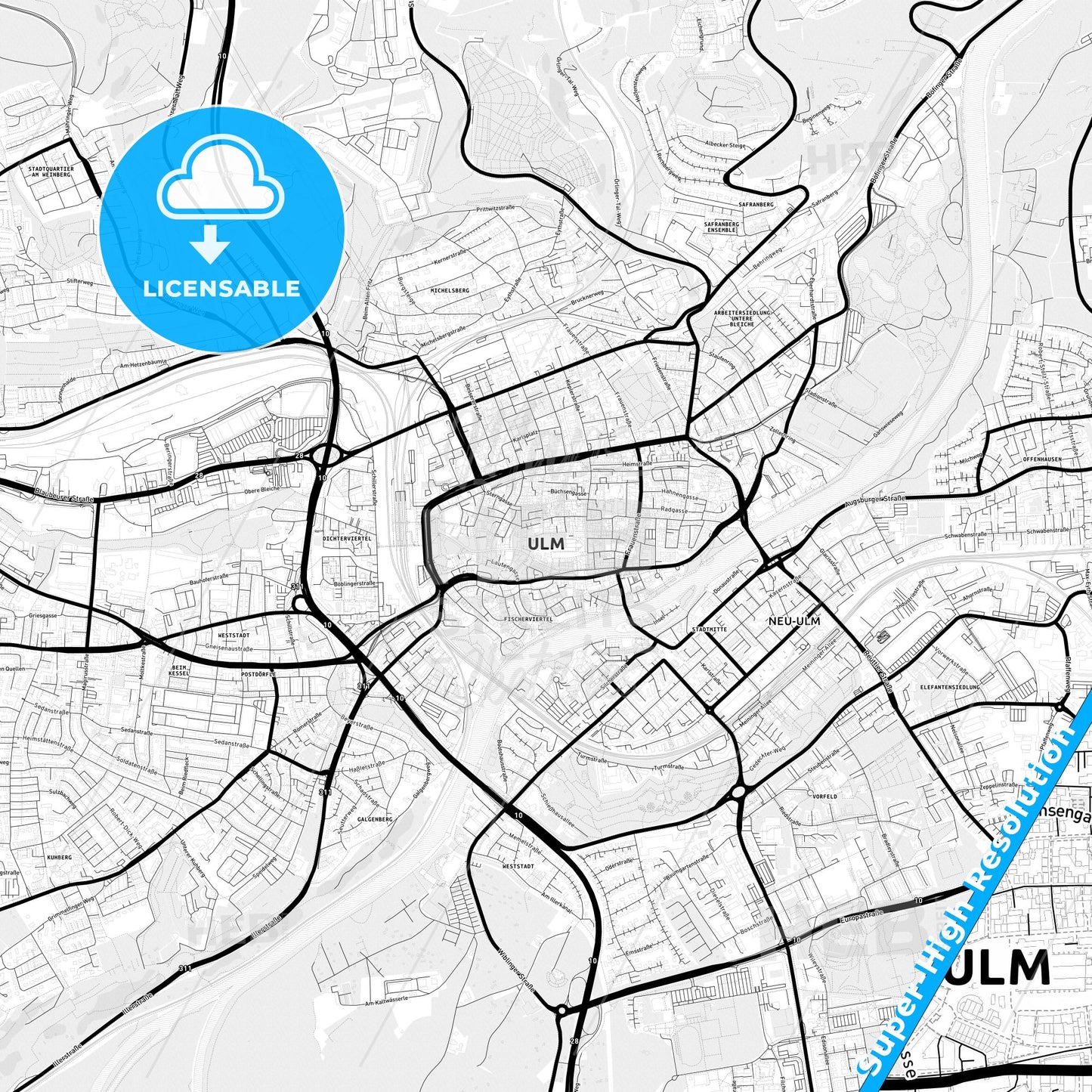 Ulm, Germany Light Map with Street Names, City Names, and Districts