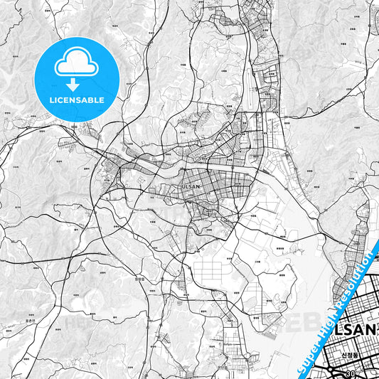 Ulsan, South Korea light map with streetnames, citynames and districts