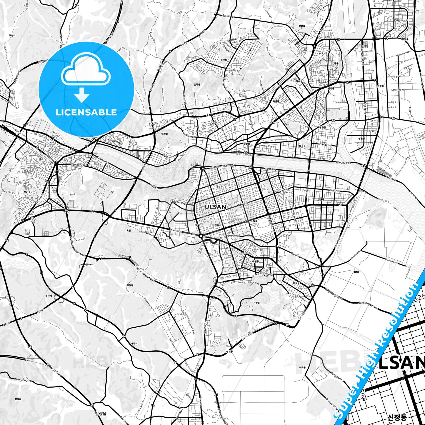 Ulsan, South Korea Light Map with Street Names, City Names, and Districts