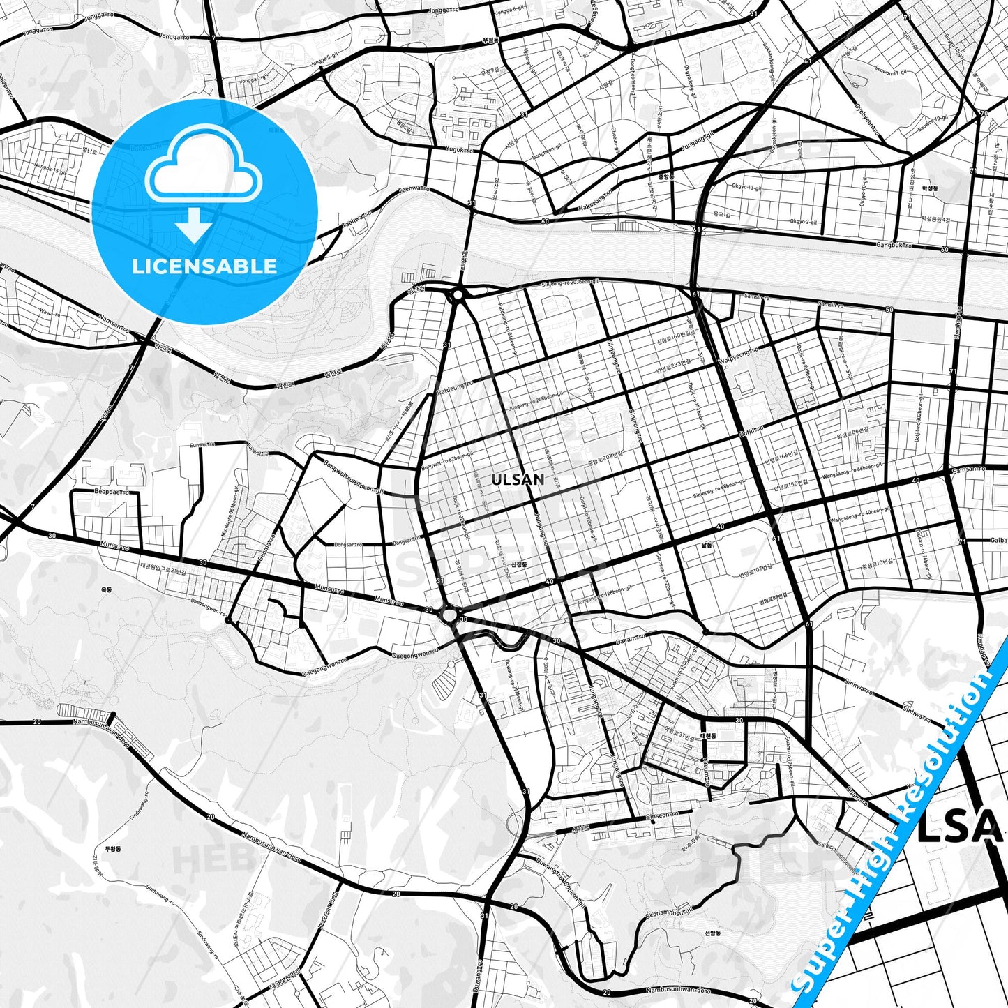 Ulsan, South Korea Light Map with Street Names, City Names, and Districts