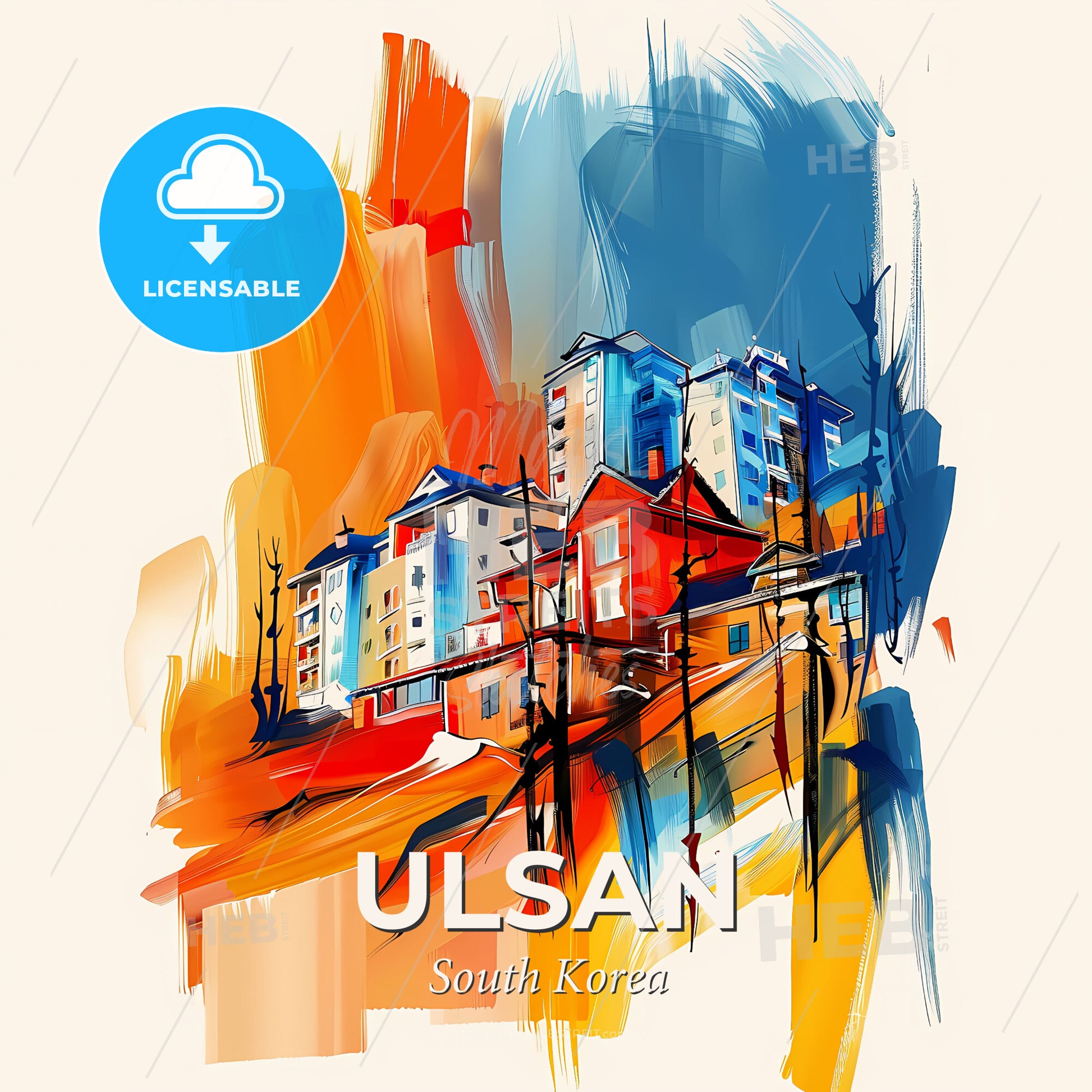 Vibrant Ulsan, South Korea - A Painting Of Buildings On A Hill - Square format print template
