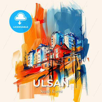 Vibrant Ulsan, South Korea - A Painting Of Buildings On A Hill - Square format print template