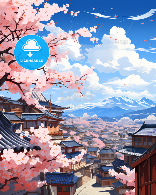 Vibrant City Skyline with Cherry Blossom Painting | Ulsan South Korea | Watercolor Art | Cityscape