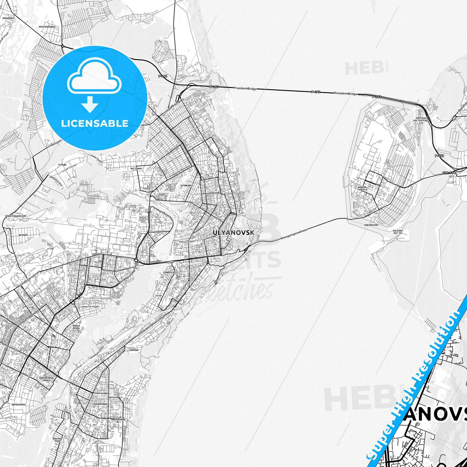 Ulyanovsk, Russia light map with streetnames, citynames and districts
