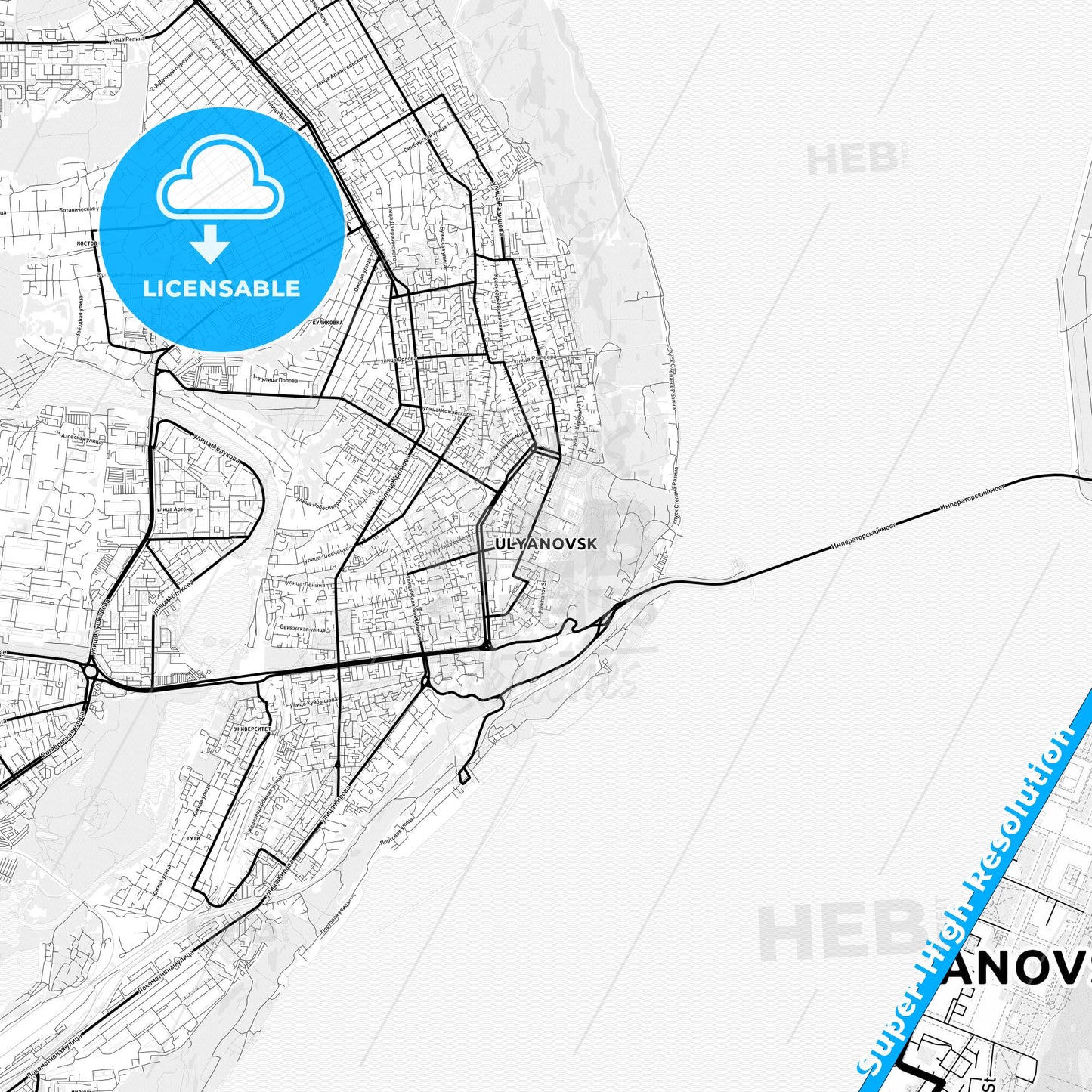 Ulyanovsk, Russia Light Map with Street Names, City Names, and Districts