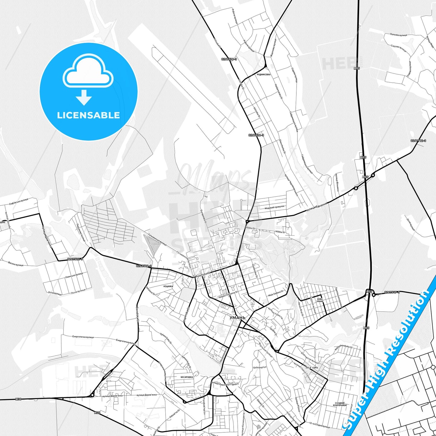 Uman, Ukraine Light Map with Street Names, City Names, and Districts