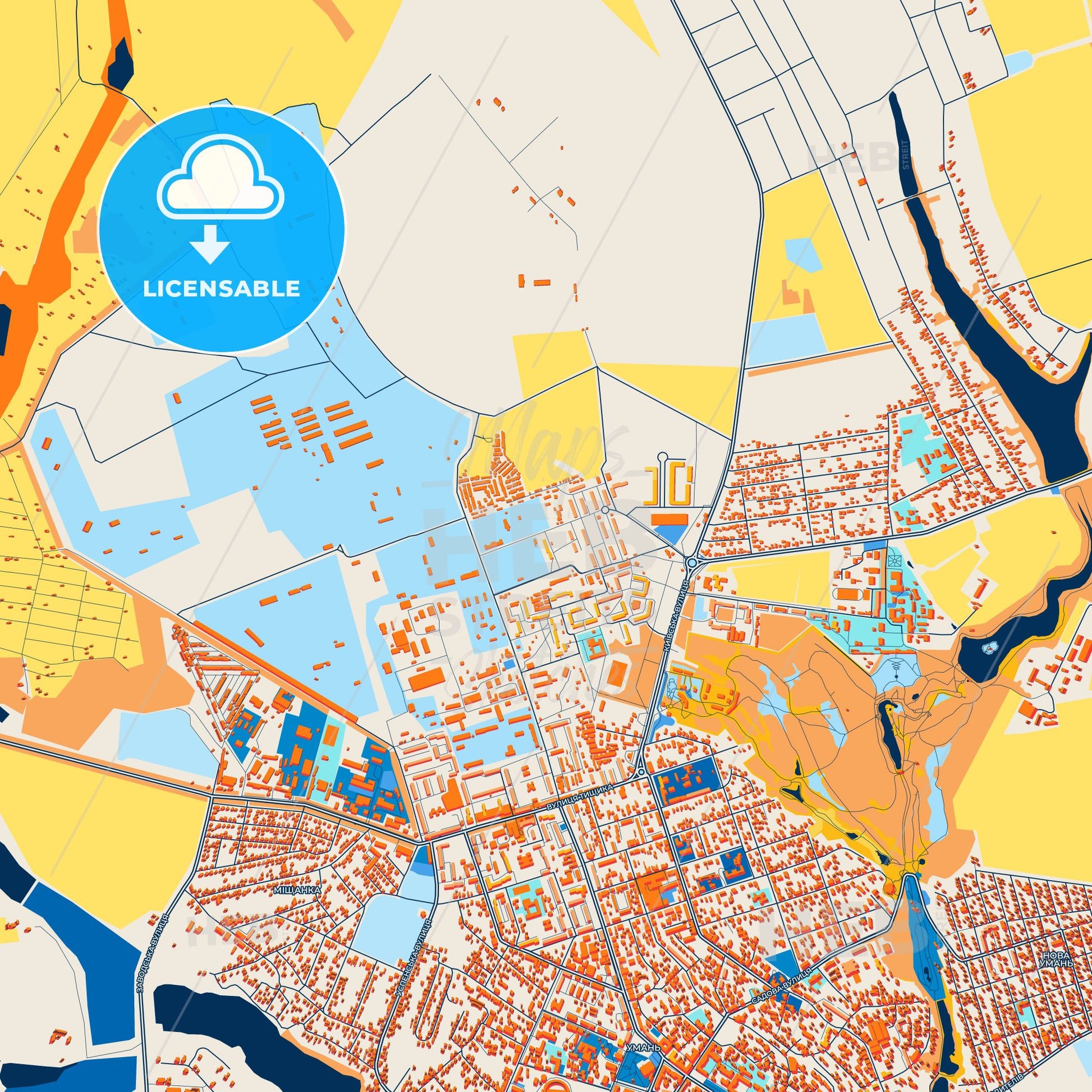 Colorful Uman Street Map with Labels and Buildings