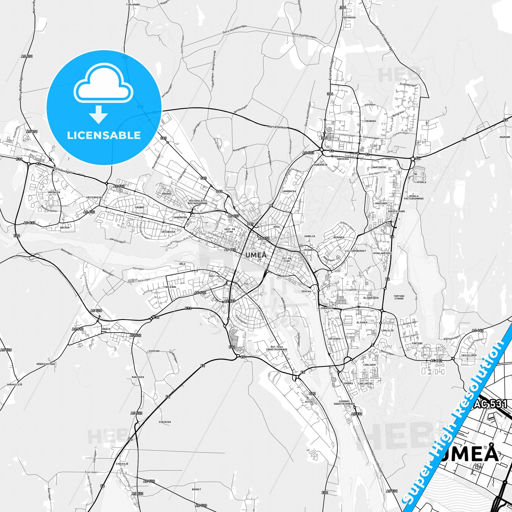 Umeå, Sweden light map with streetnames, citynames and districts