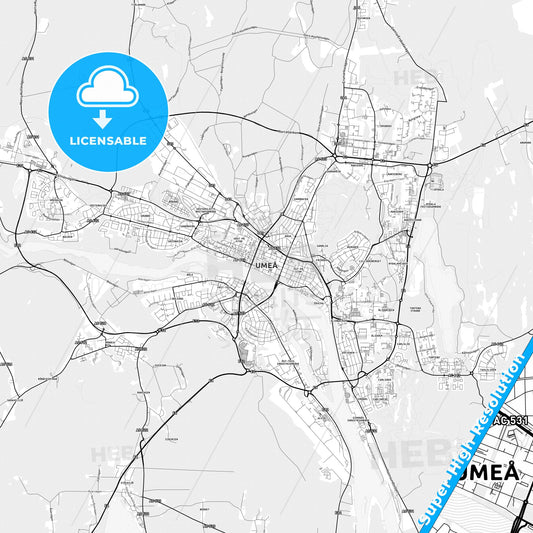 Umeå, Sweden light map with streetnames, citynames and districts