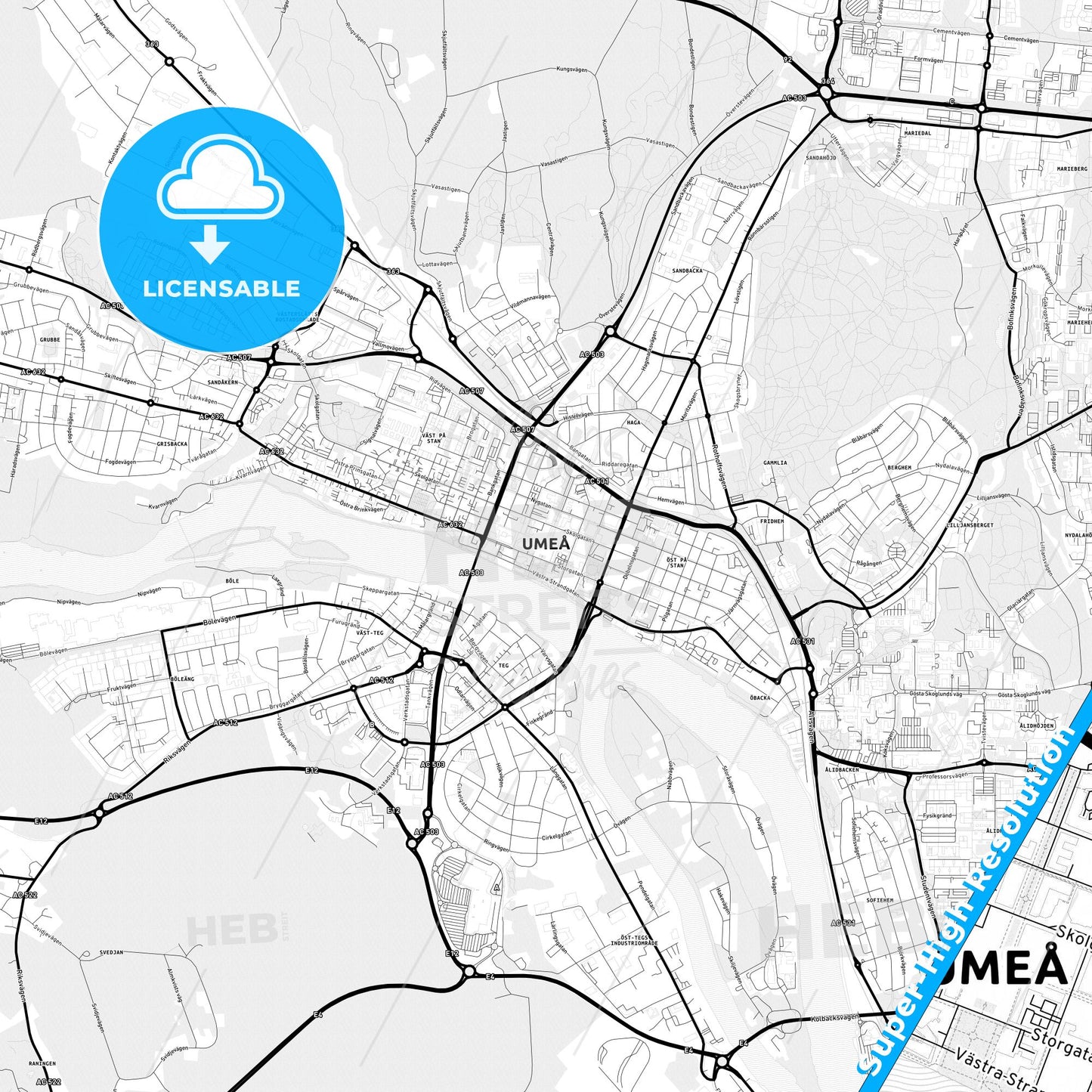 Umeå, Sweden Light Map with Street Names, City Names, and Districts