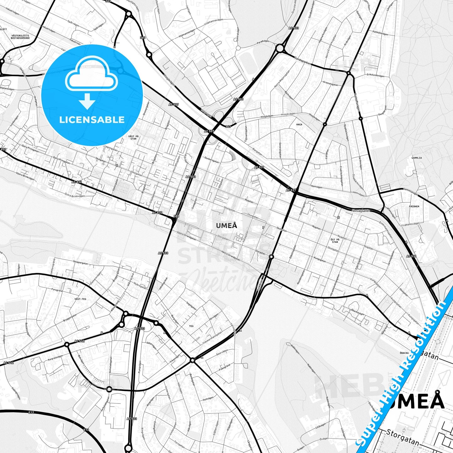 Umeå, Sweden Light Map with Street Names, City Names, and Districts