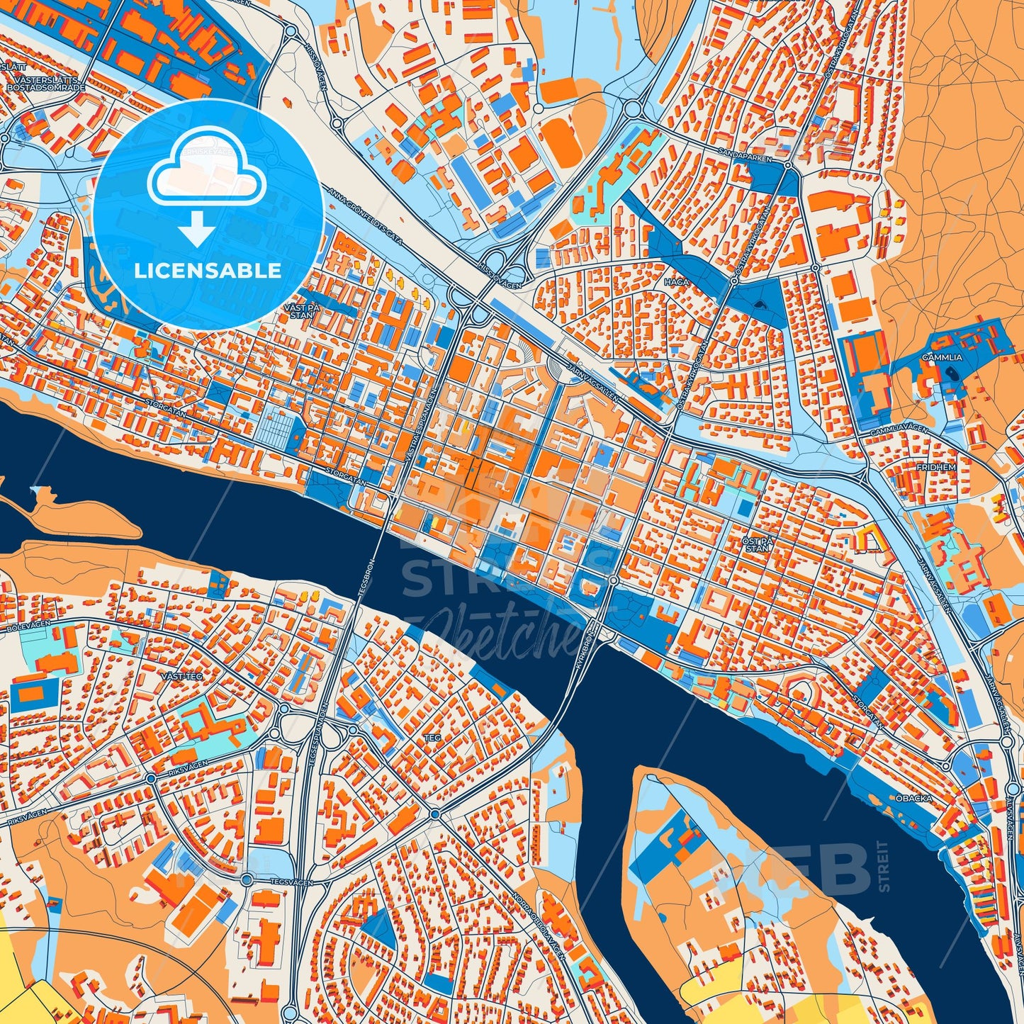 Colorful Umeå Street Map with Labels and Buildings