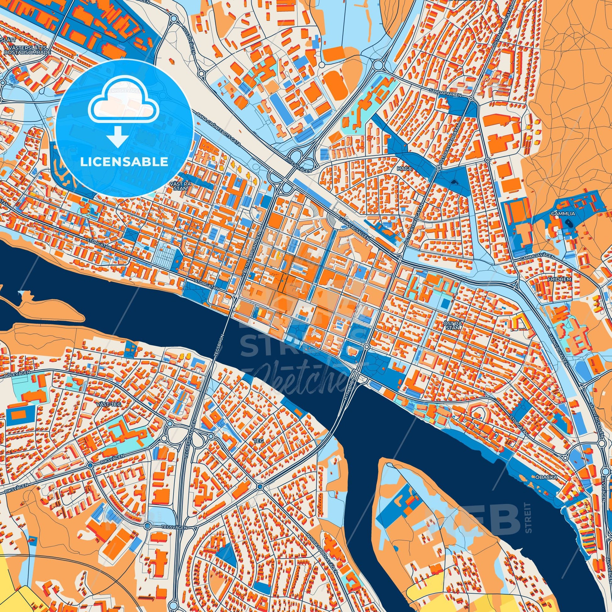 Colorful Umeå Street Map with Labels and Buildings