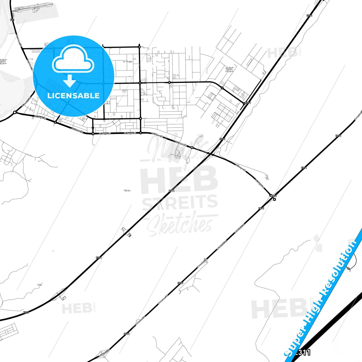 Umm al-Quwain  , United Arab Emirates Light Map with Street Names, City Names, and Districts