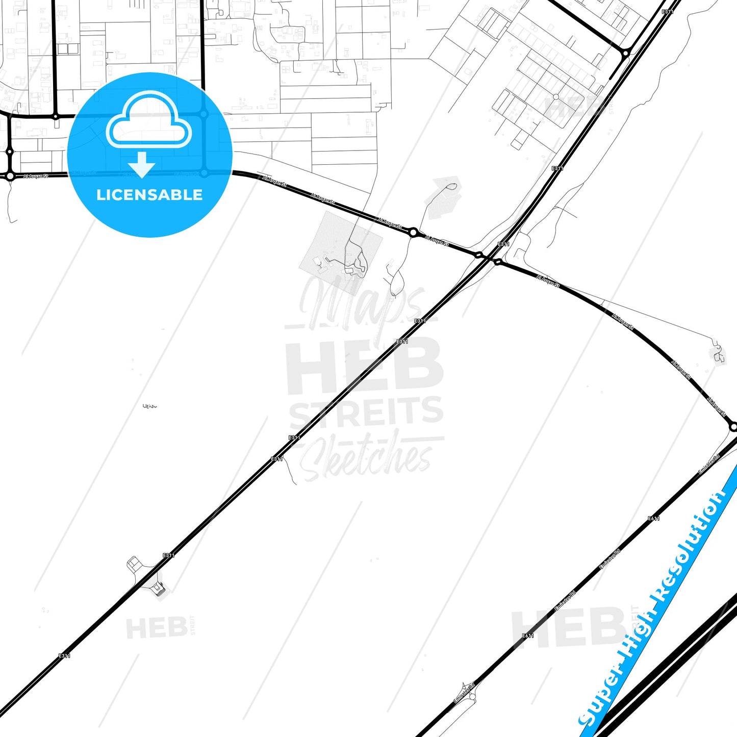 Umm al-Quwain  , United Arab Emirates Light Map with Street Names, City Names, and Districts