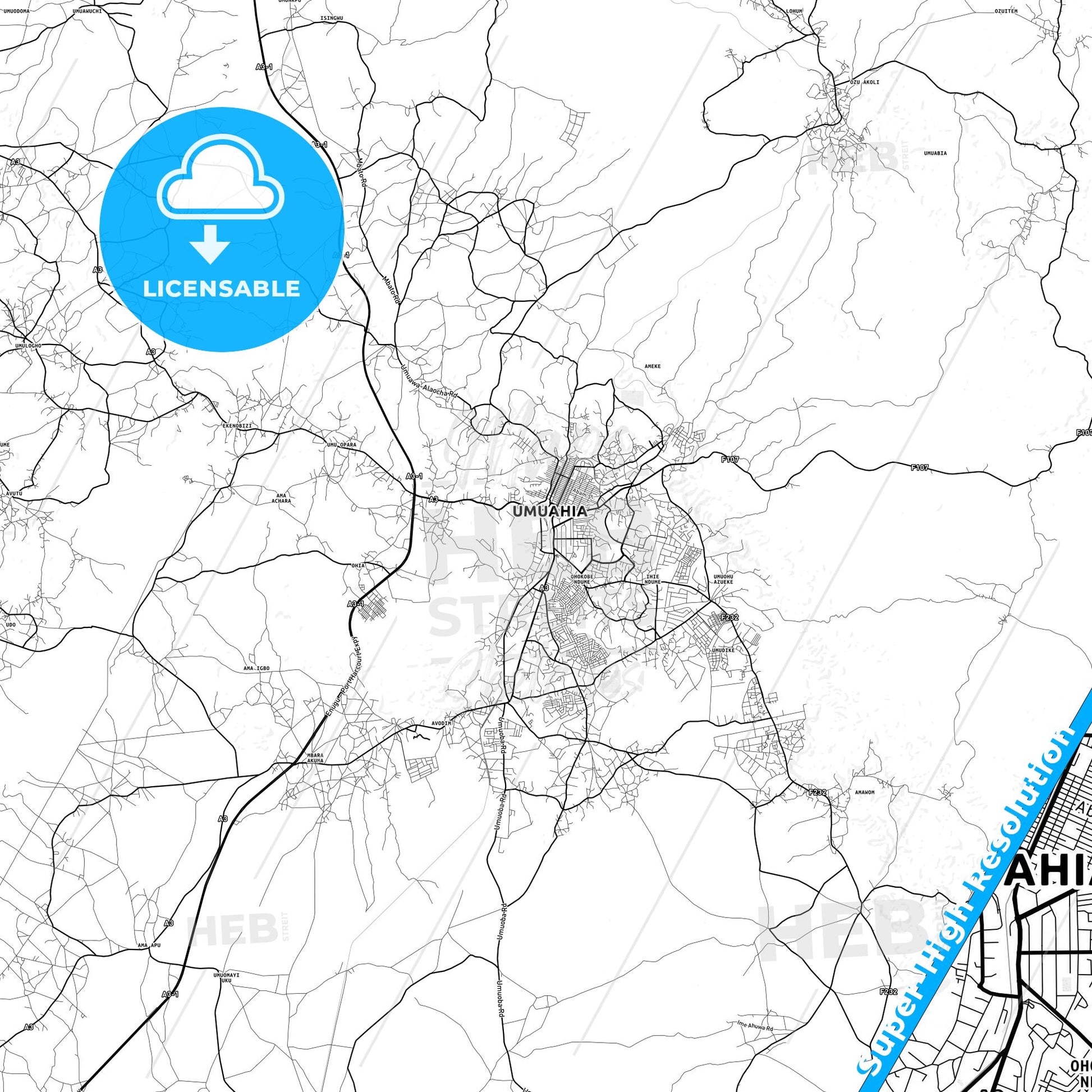 Umuahia, Nigeria light map with streetnames, citynames and districts