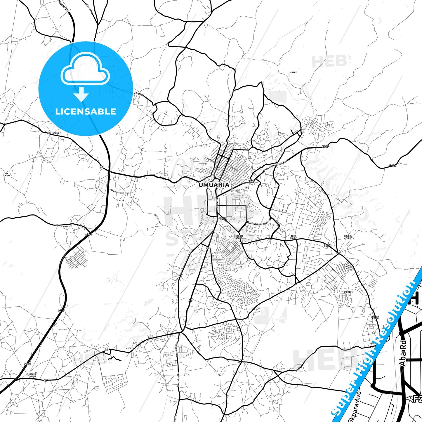 Umuahia, Nigeria Light Map with Street Names, City Names, and Districts