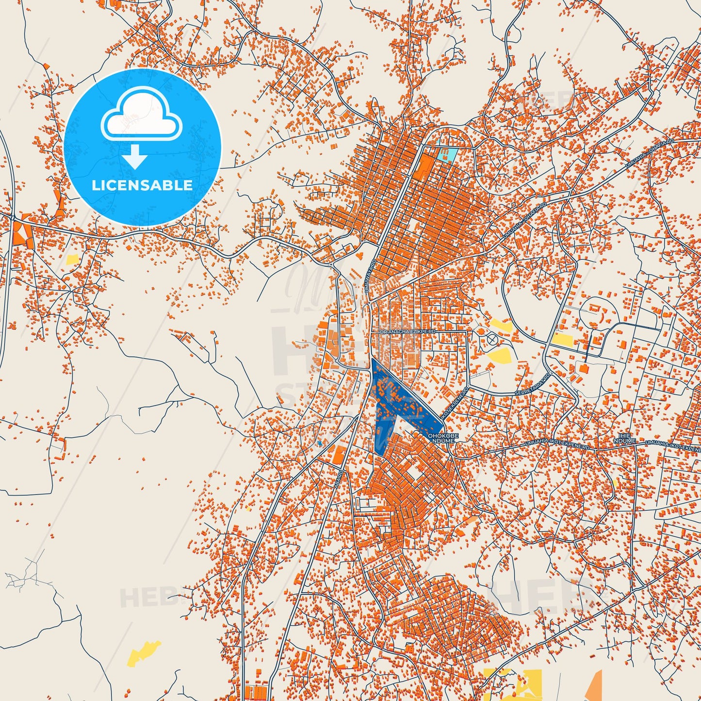 Colorful Umuahia Street Map with Labels and Buildings