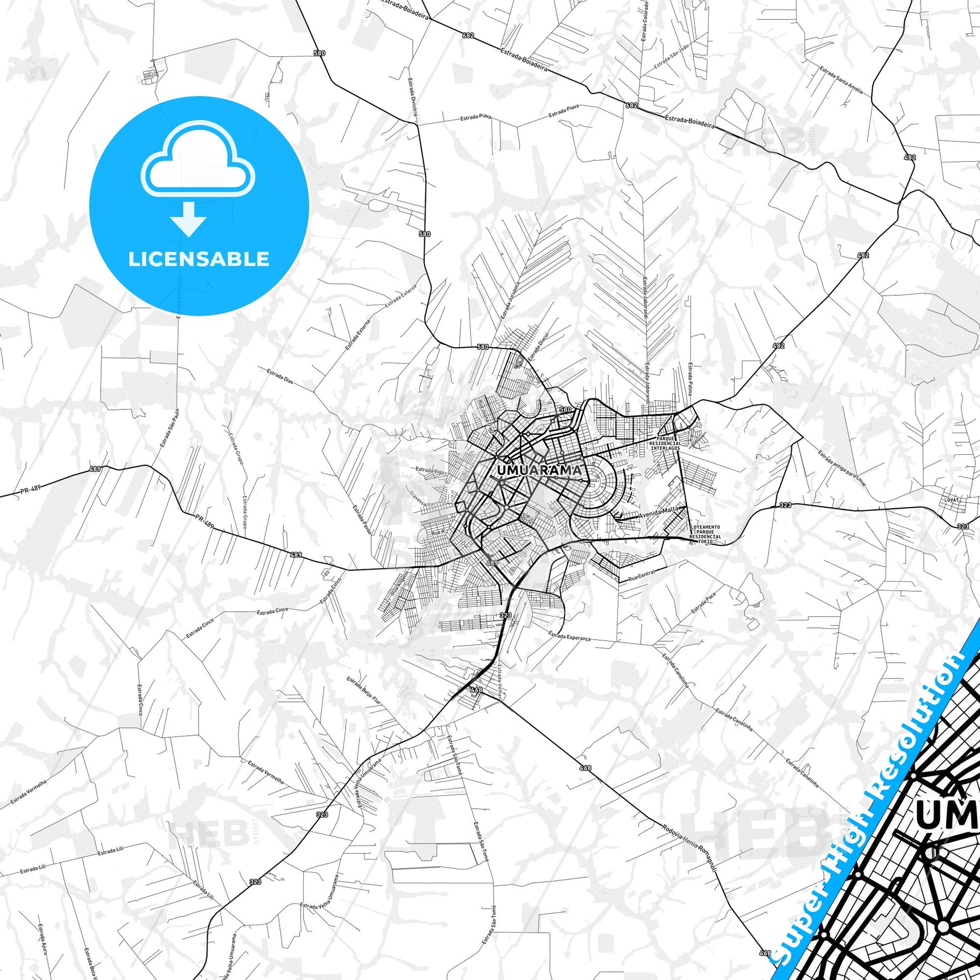 Umuarama, Brazil light map with streetnames, citynames and districts