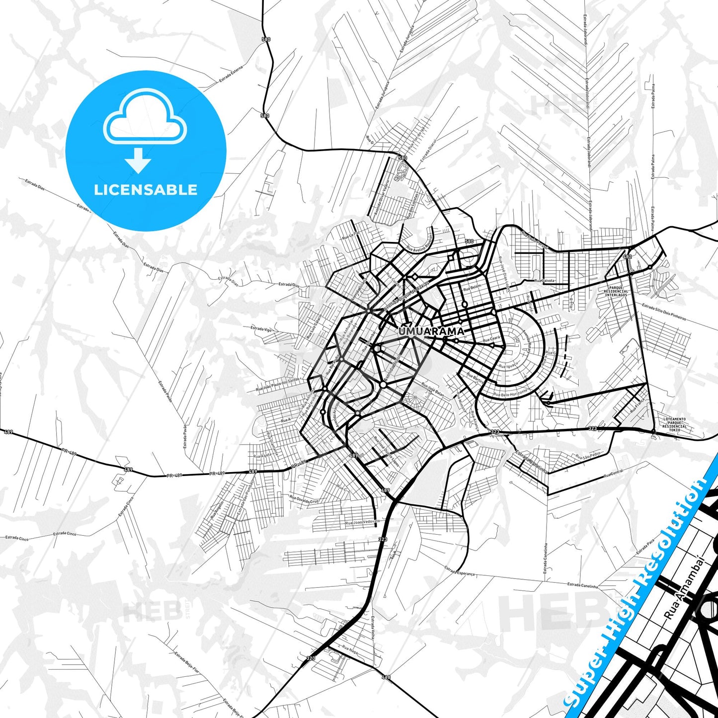 Umuarama, Brazil Light Map with Street Names, City Names, and Districts
