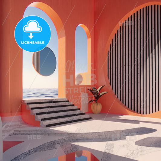 An Orange Room With A Staircase And A Plant