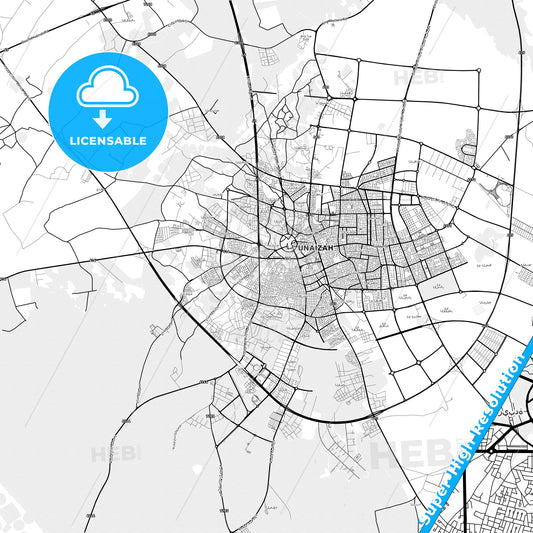 Unaizah, Saudi Arabia light map with streetnames, citynames and districts