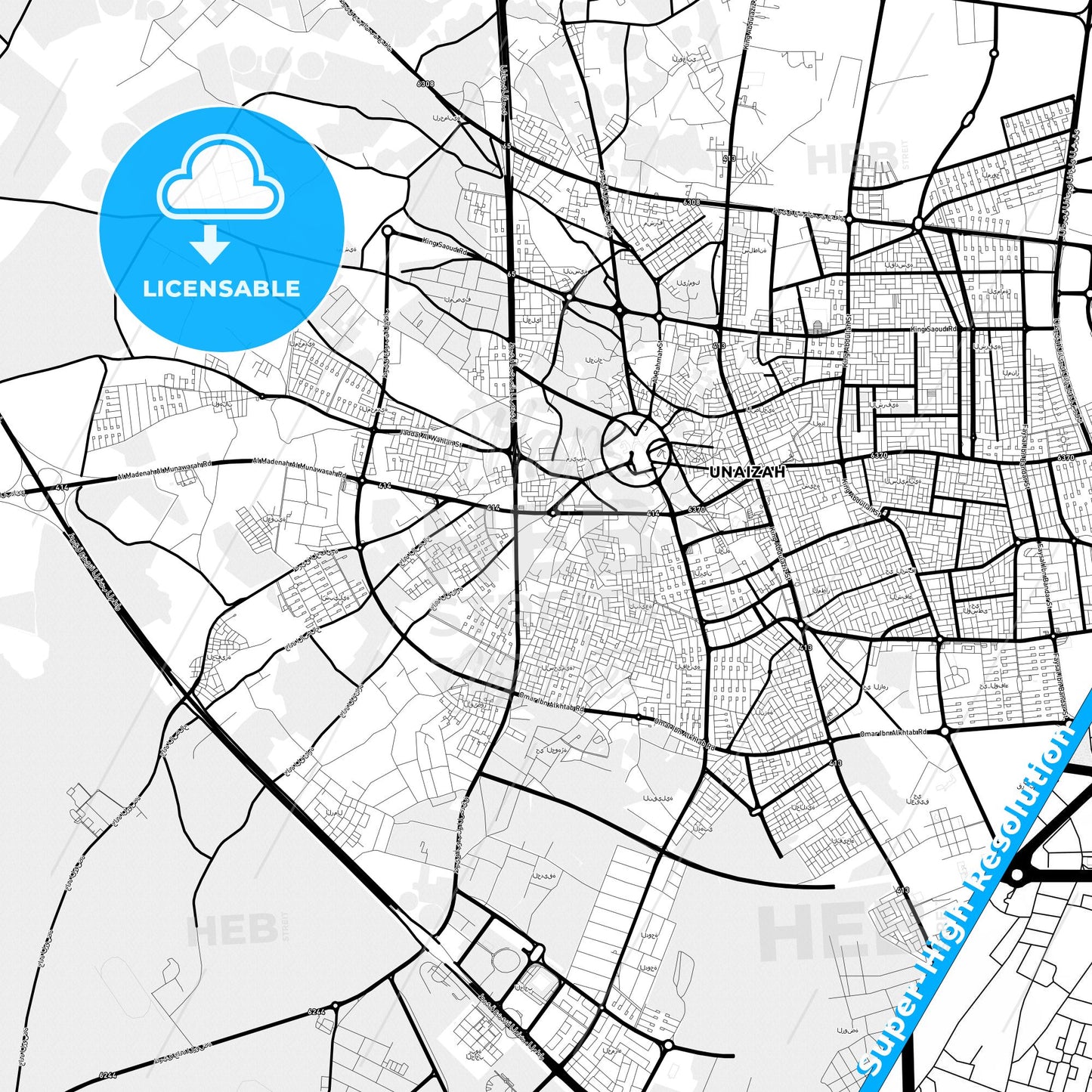 Unaizah, Saudi Arabia Light Map with Street Names, City Names, and Districts