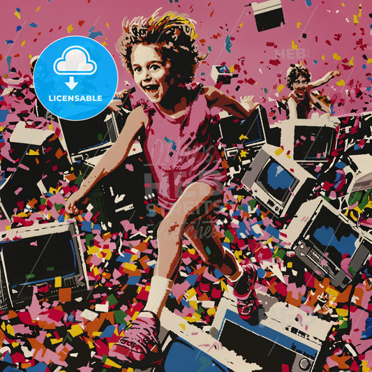 A Girl Jumping On A Pile Of Computer Monitors