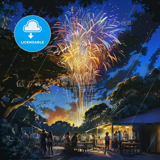 A Group Of People Watching Fireworks In The Sky