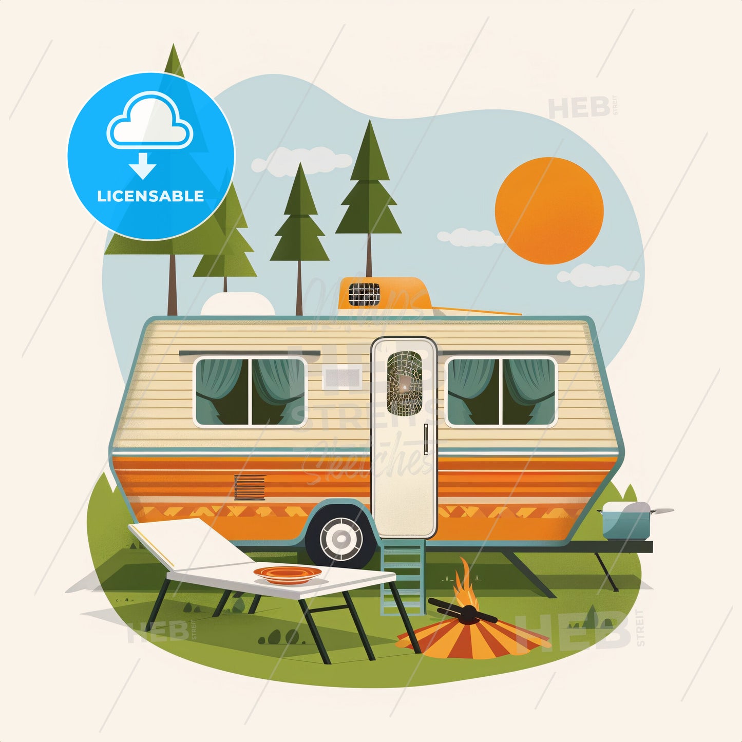 A Camper Trailer With A Campfire And A Chair In The Grass