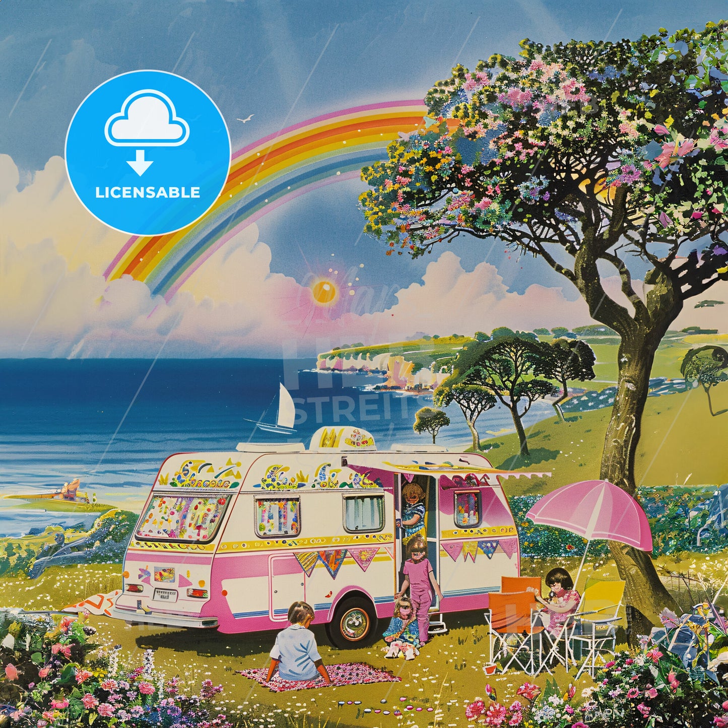 A Painting Of A Camper Van And A Rainbow