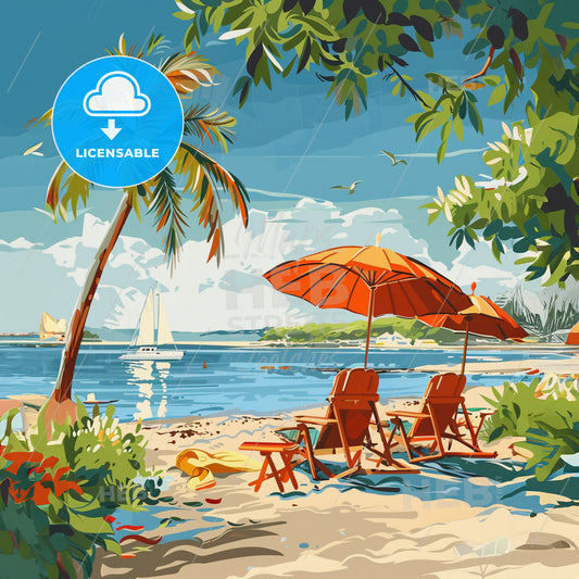 A Beach With Chairs And Umbrellas