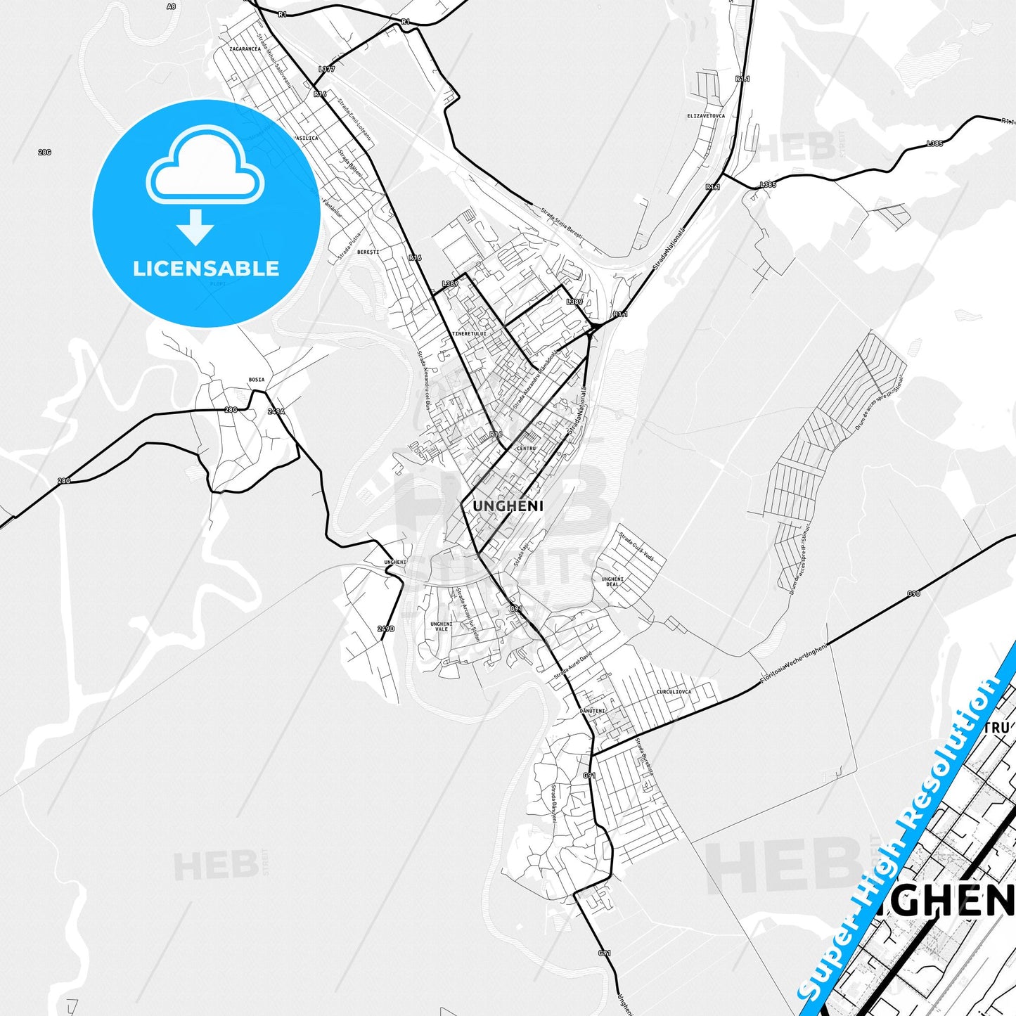 Ungheni, Moldova Light Map with Street Names, City Names, and Districts