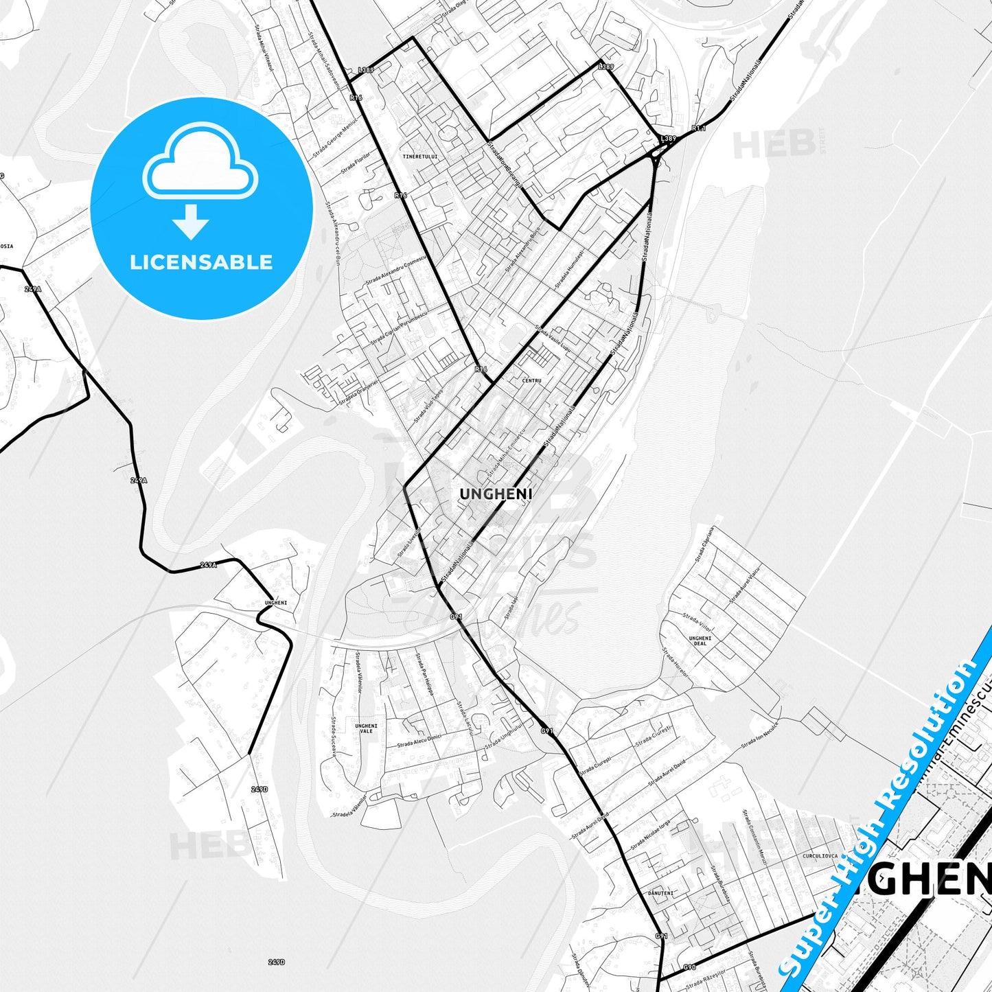 Ungheni, Moldova Light Map with Street Names, City Names, and Districts