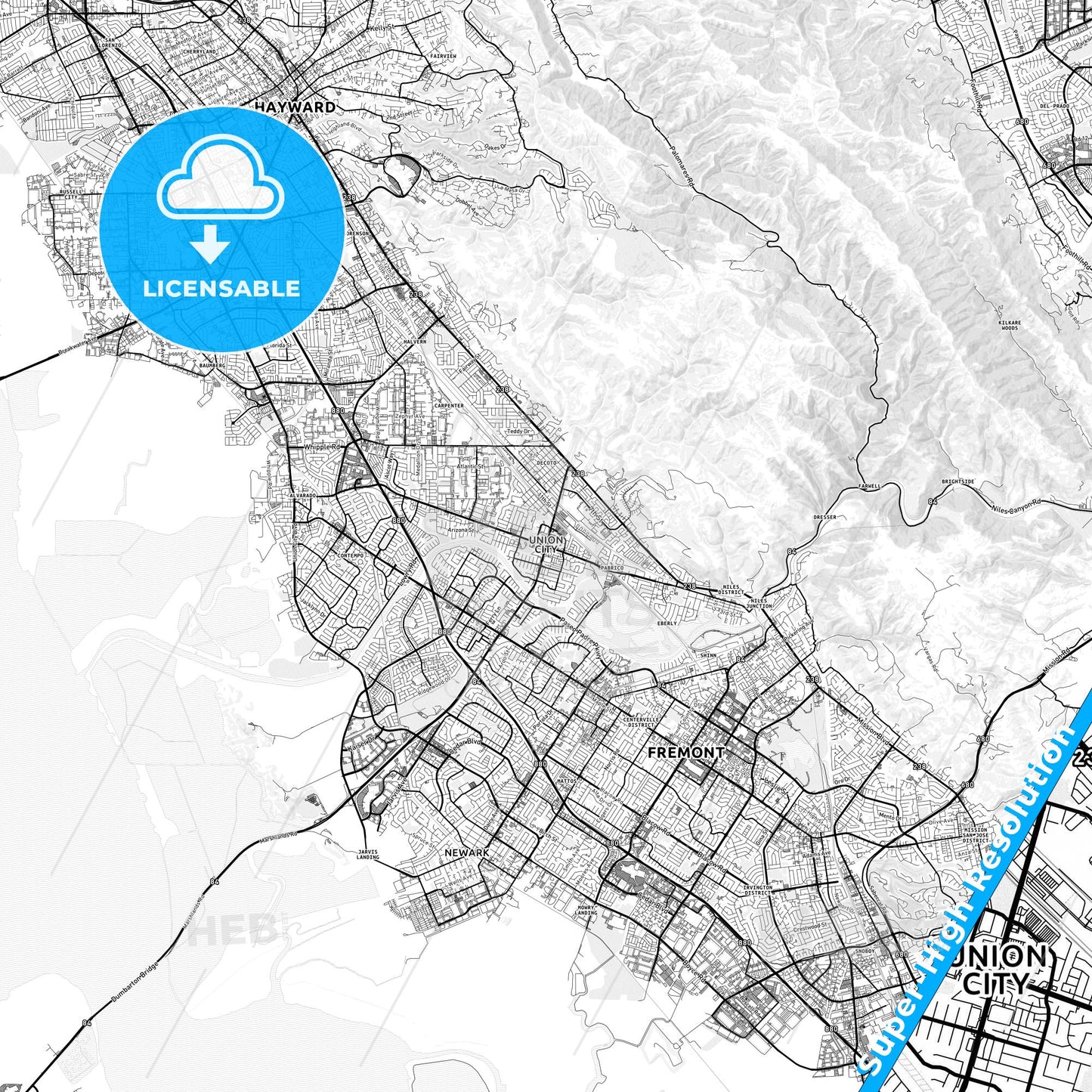 Union City, California light map with streetnames, citynames and districts