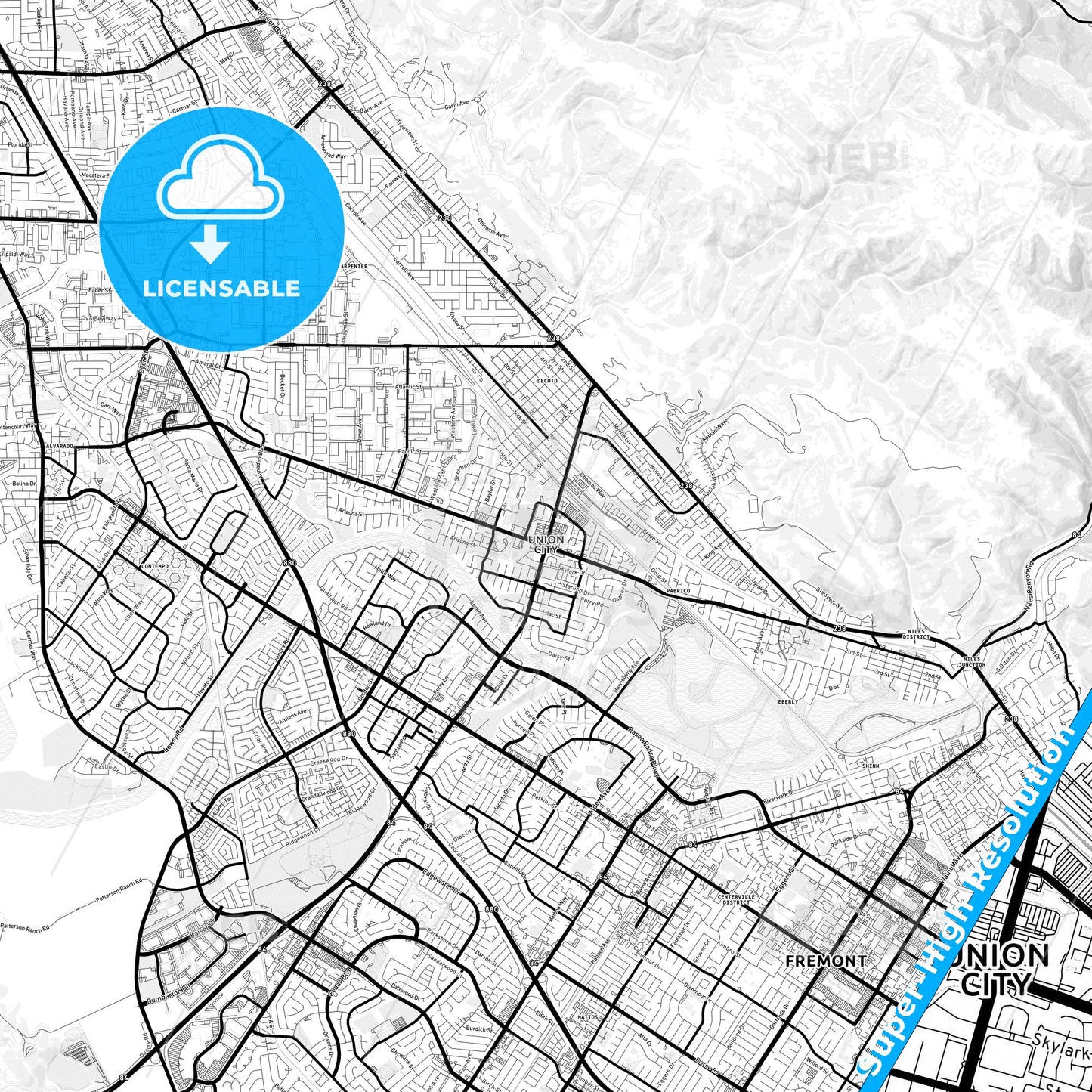 Union City, California Light Map with Street Names, City Names, and Districts