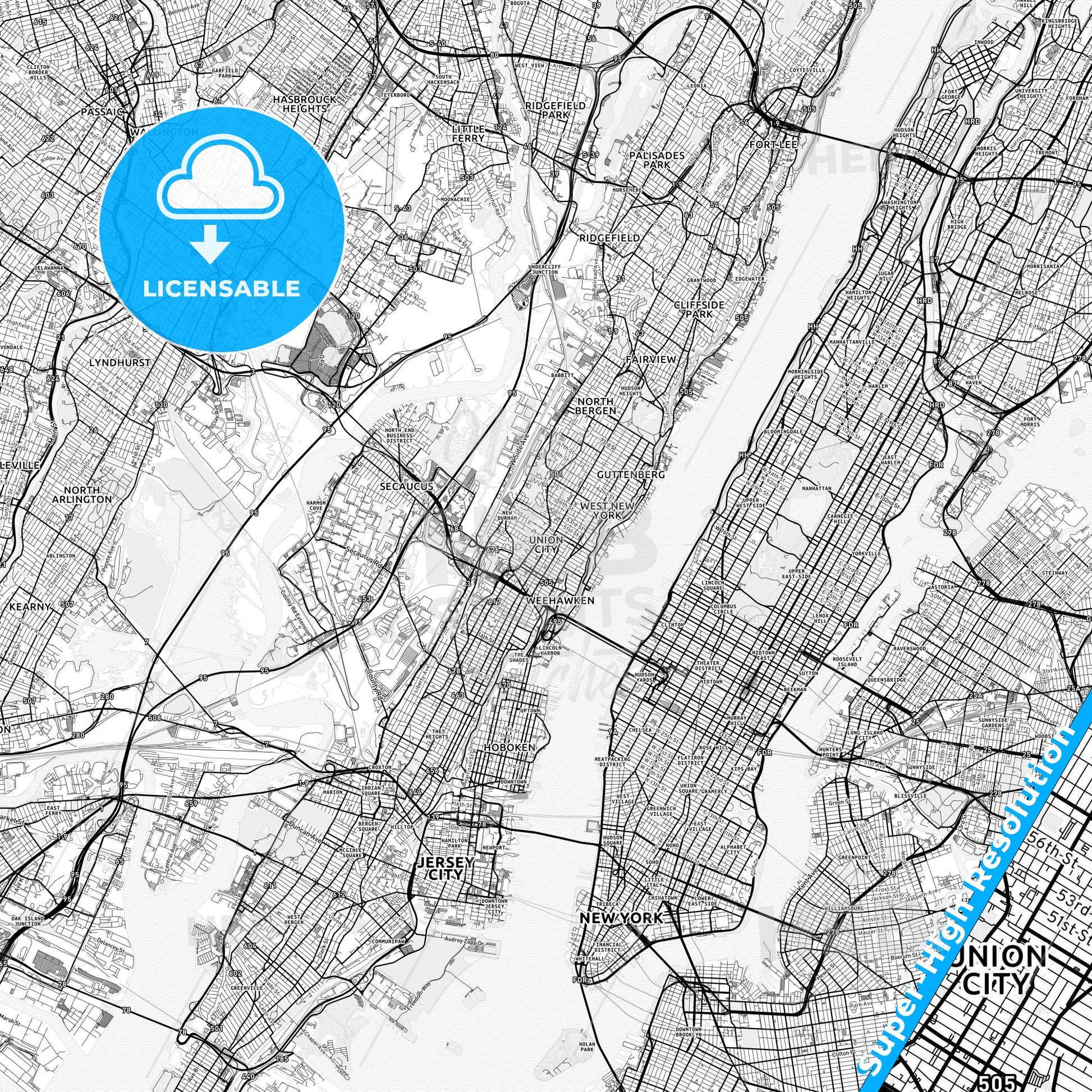 Union City, New Jersey light map with streetnames, citynames and districts