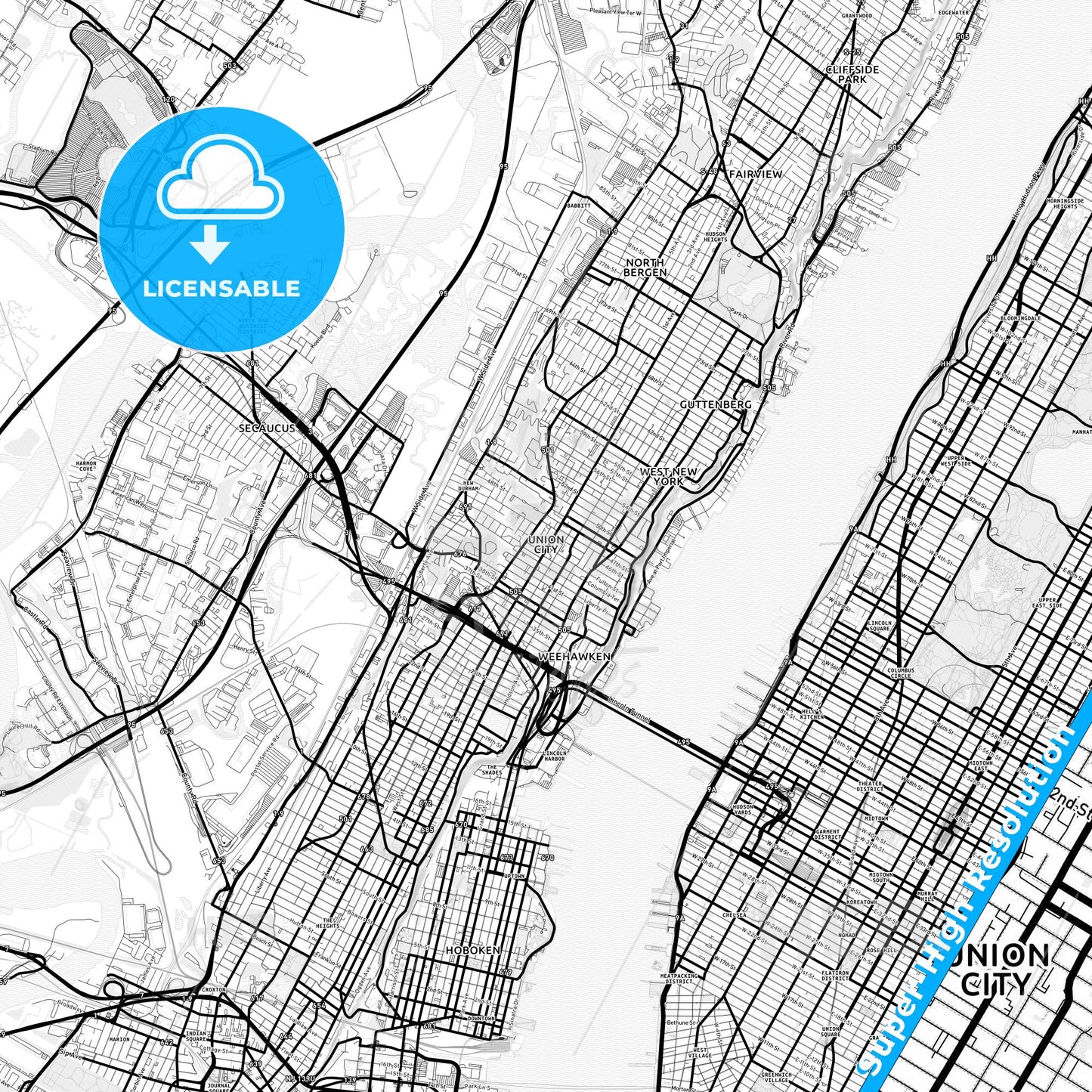 Union City, New Jersey Light Map with Street Names, City Names, and Districts