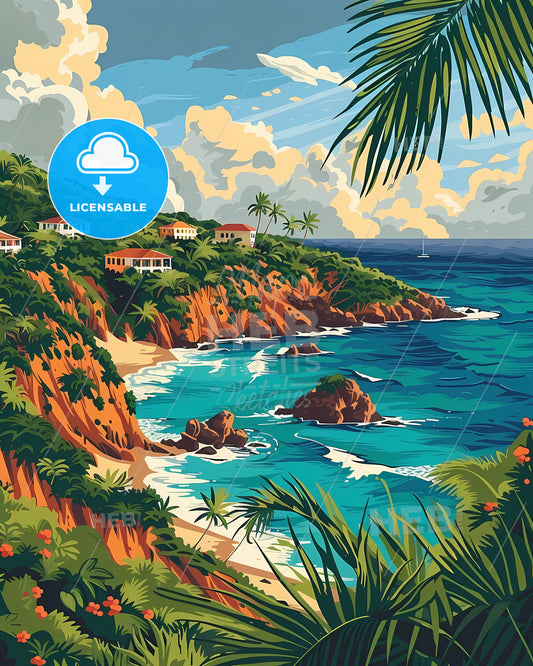 Beachside Homes and Ocean Waves in the US Virgin Islands: A Vivid Artistic Interpretation