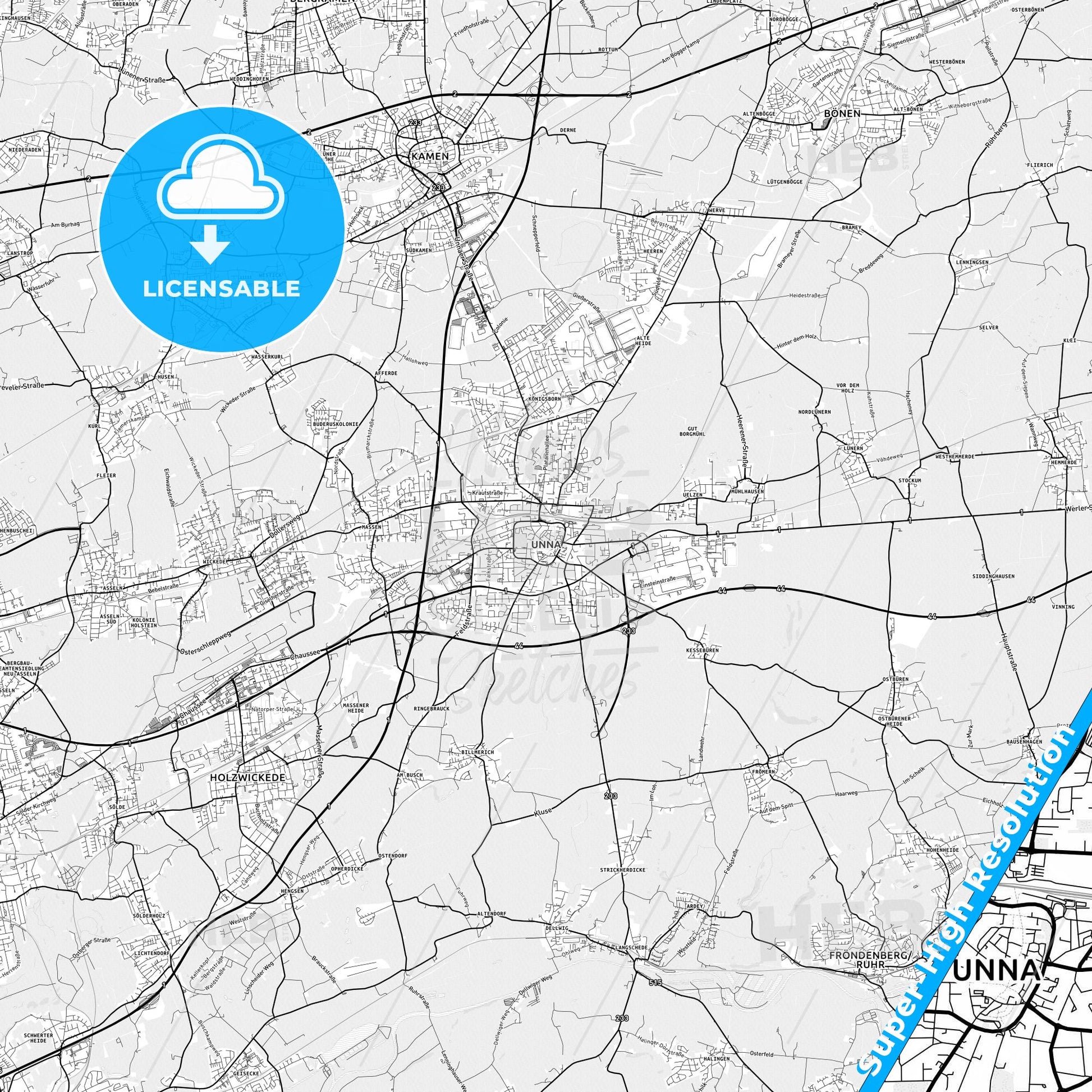Unna, Germany light map with streetnames, citynames and districts