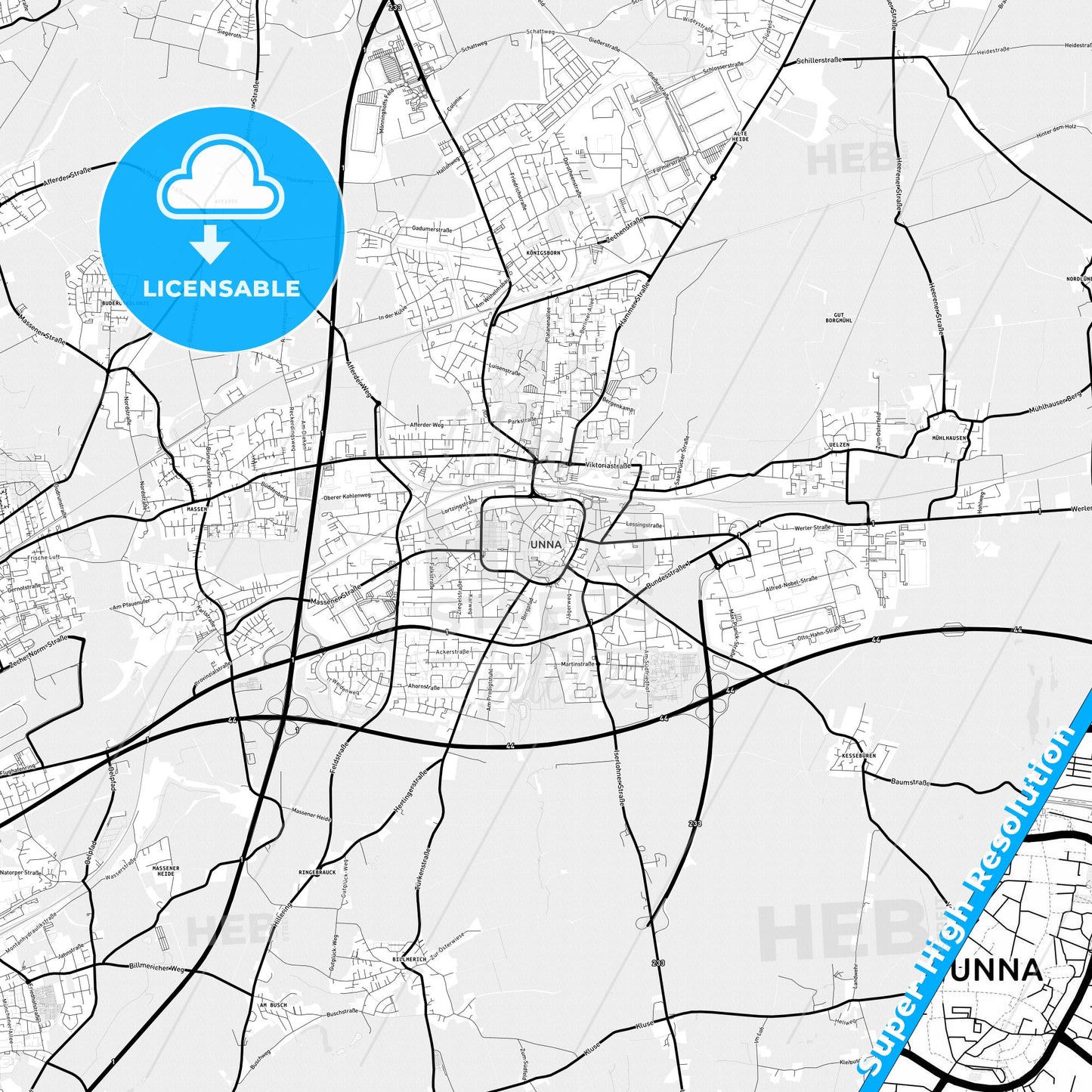 Unna, Germany Light Map with Street Names, City Names, and Districts