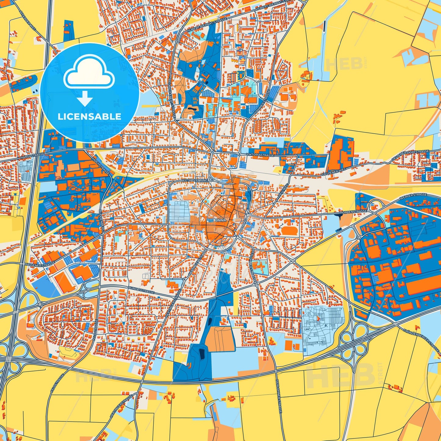 Colorful Unna Street Map with Labels and Buildings